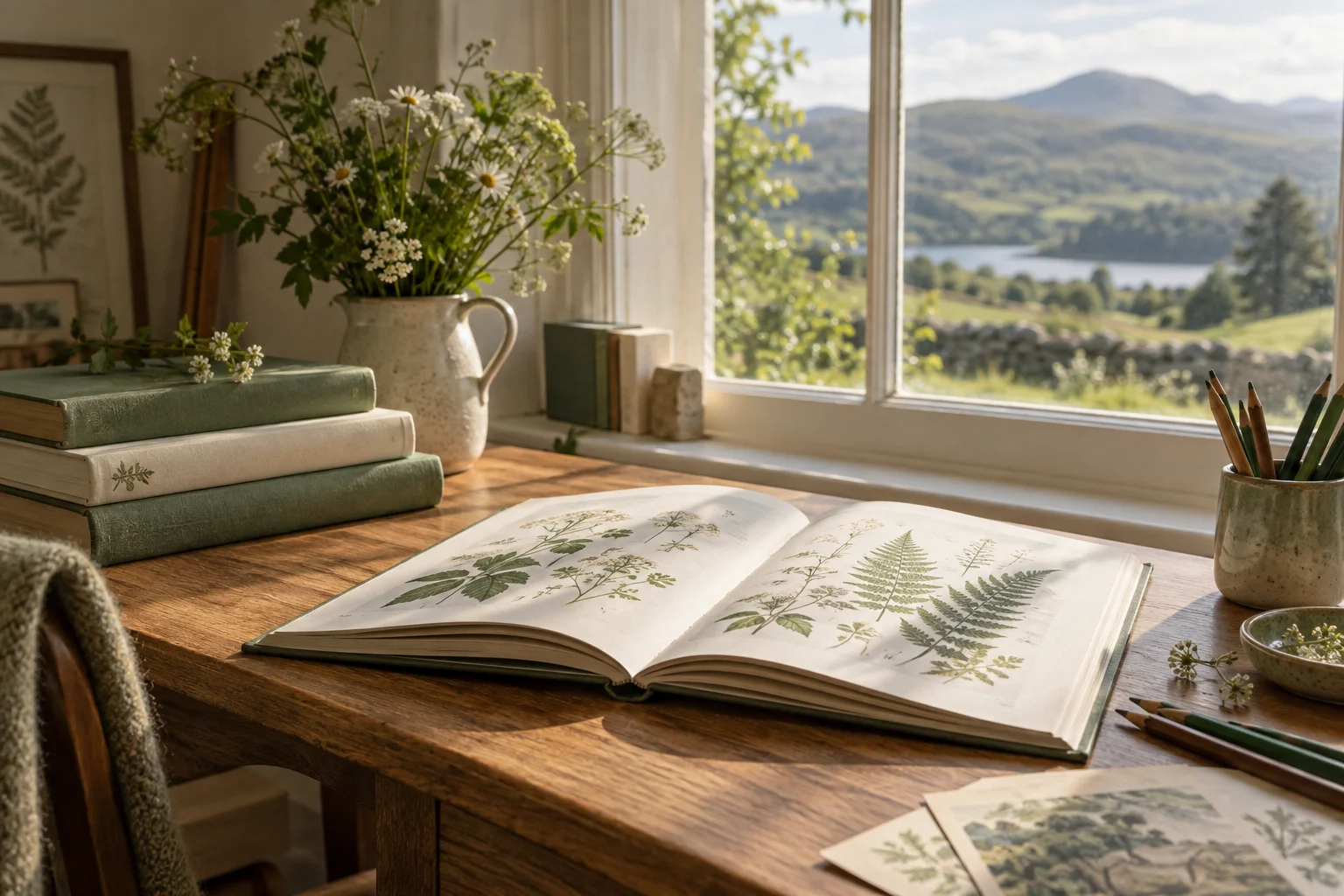 An open botanical storybook, pencils and meadow flowers on a sunlit desk overlooking green hills.